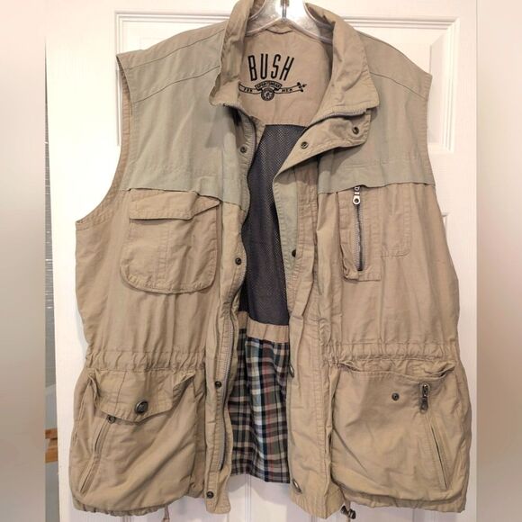BUSH Mens Utility High Neck Fishing Safari Vest Multiple Pockets military Sz L - Picture 1 of 14